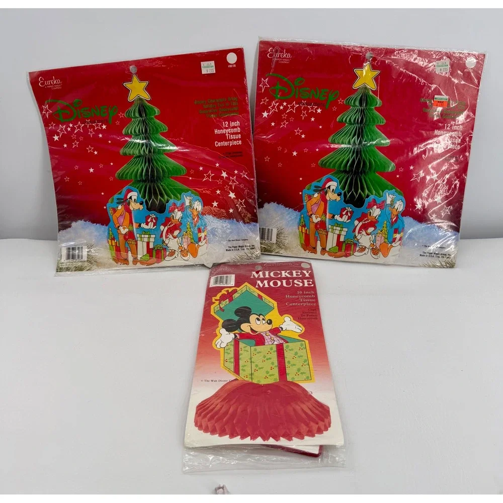 Disney Eureka Mickey Honeycomb Centerpiece Set of 3 Vintage Christmas Decor